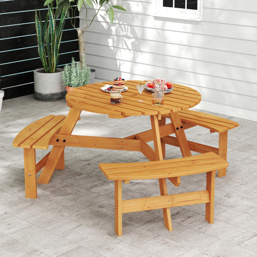 6-Person Round Picnic Table Set with 3 Built-in Benches and Umbrella Hole-Yellow
