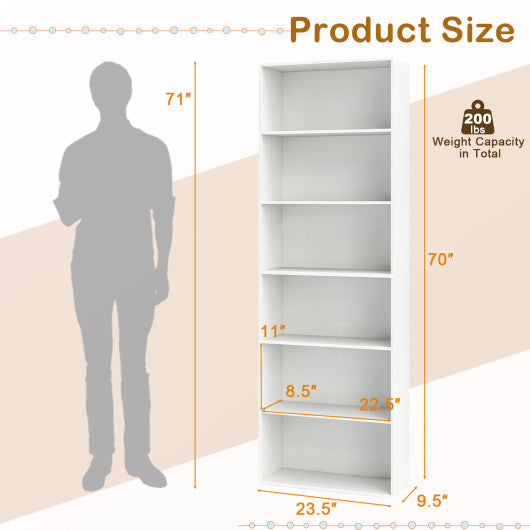 6-Tier Bookcase with 6 Open Shelves and Anti-Toppling Kits-White