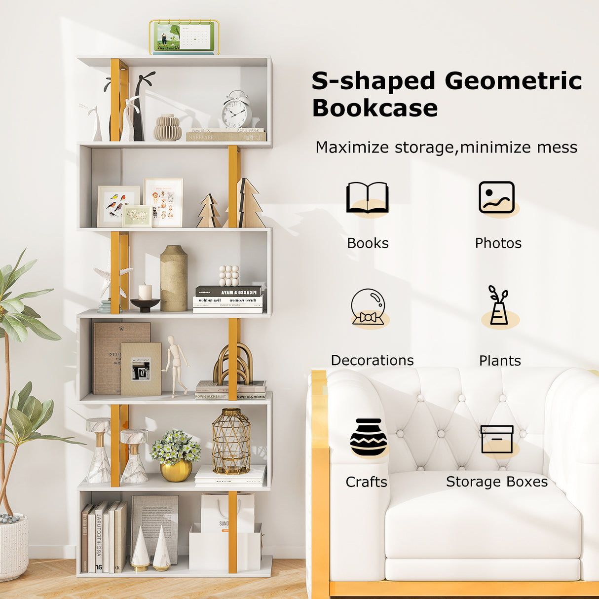 5-Tier/6-Tier Geometric Bookcase with Metal Frame and Anti-tipping Kits-6-Tier