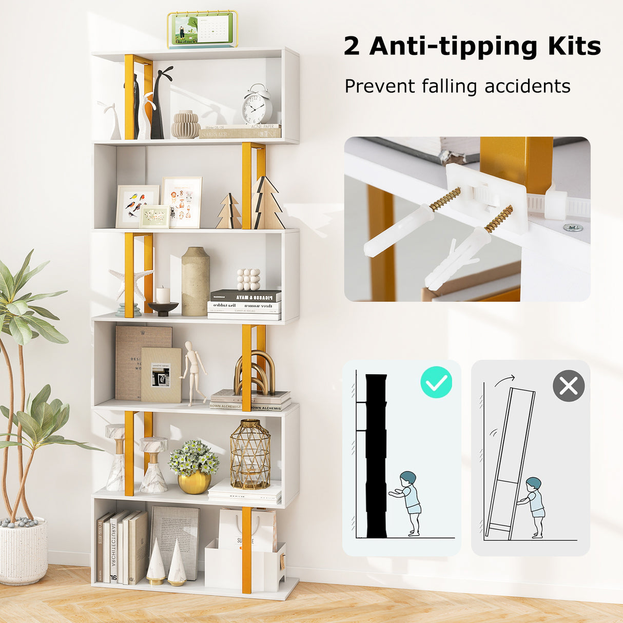 5-Tier/6-Tier Geometric Bookcase with Metal Frame and Anti-tipping Kits-6-Tier