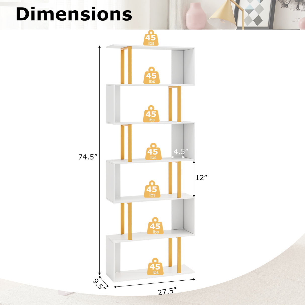 5-Tier/6-Tier Geometric Bookcase with Metal Frame and Anti-tipping Kits-6-Tier