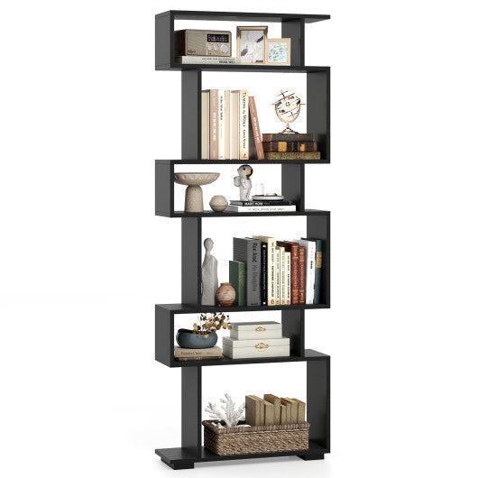 6-Tier Geometric Bookshelf with 2 Anti-Tipping Kits for Home Office-Black
