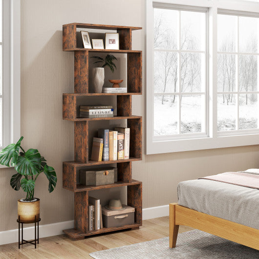 6-Tier Geometric Bookshelf with 2 Anti-Tipping Kits for Home Office-Brown