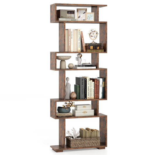 6-Tier Geometric Bookshelf with 2 Anti-Tipping Kits for Home Office-Brown