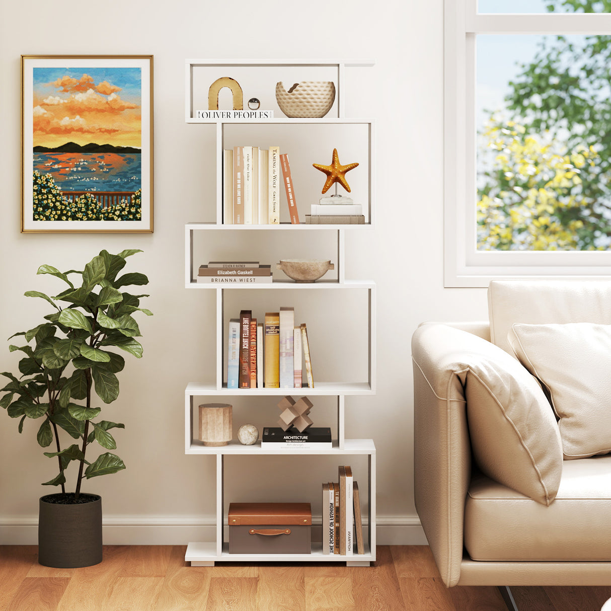 6-Tier Geometric Bookshelf with 2 Anti-Tipping Kits for Home Office-White