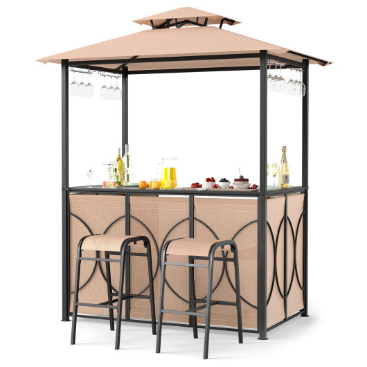 6.5 x 4 x 8 FT Grill Gazebo Set with 2 Bar Stools and Bar Table-Brown