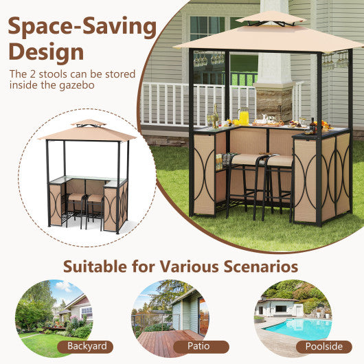 6.5 x 4 x 8 FT Grill Gazebo Set with 2 Bar Stools and Bar Table-Brown