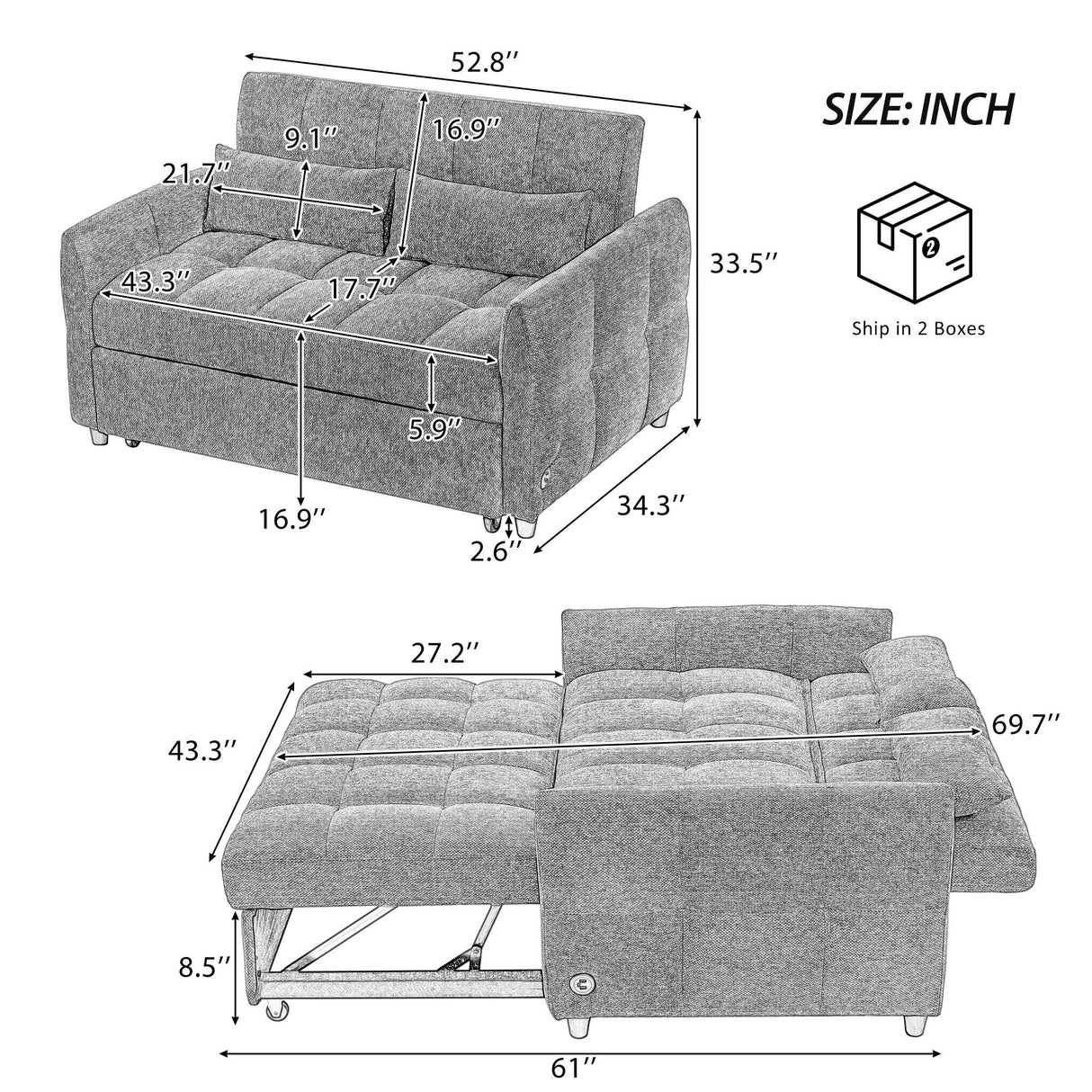 Loveseat Sofa Pull-Out Bed With Adjustable Backrest, 3 USB Ports And 2 Lumbar Pillows For Living Room by Couch.com
