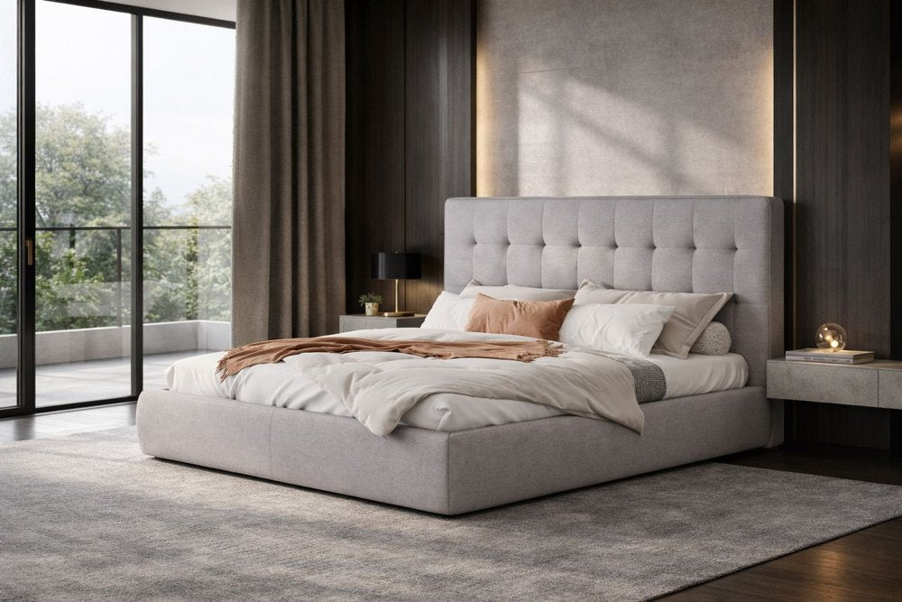 Gray Tufted Linen Blend Upholstered King Bed Frame