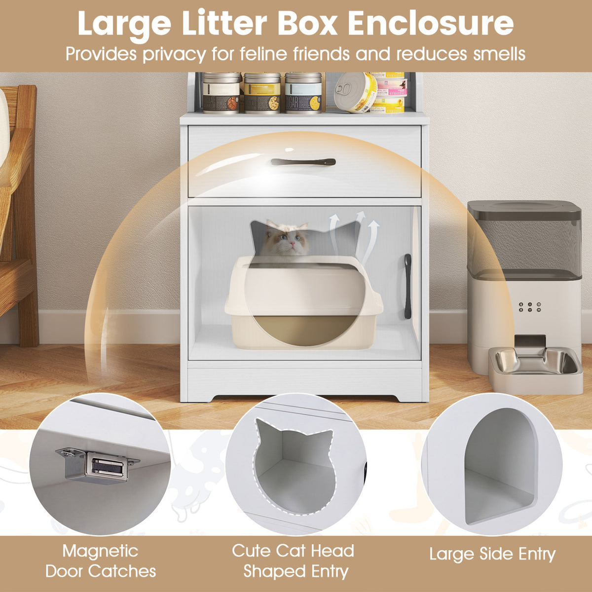 60" Cat Litter Box Enclosure with Adjustable LED Light & Storage Shelves and Charging Station-White