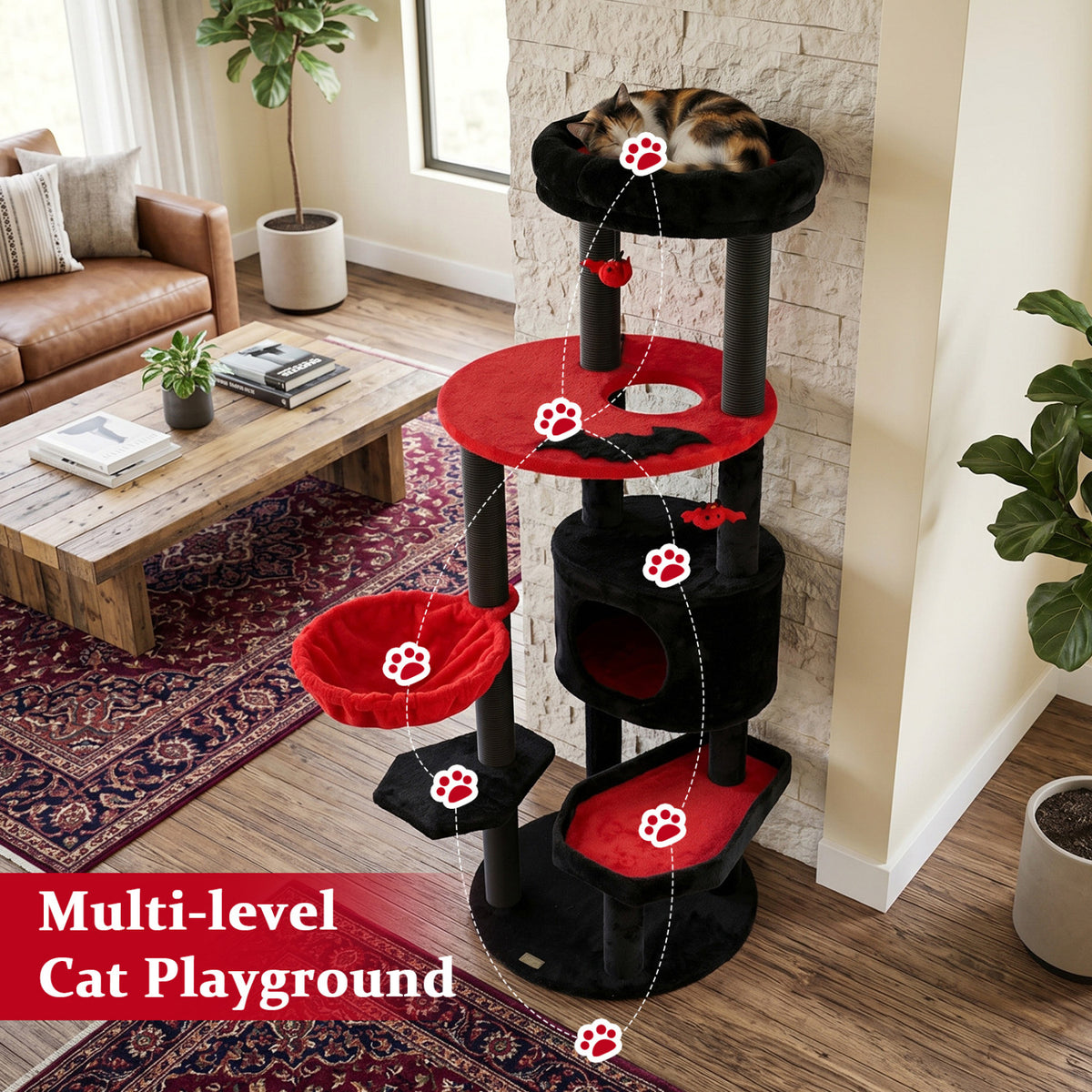60" Gothic Cat Tower with Plush Perch and Spider Hanging Toys for Black Halloween-Red