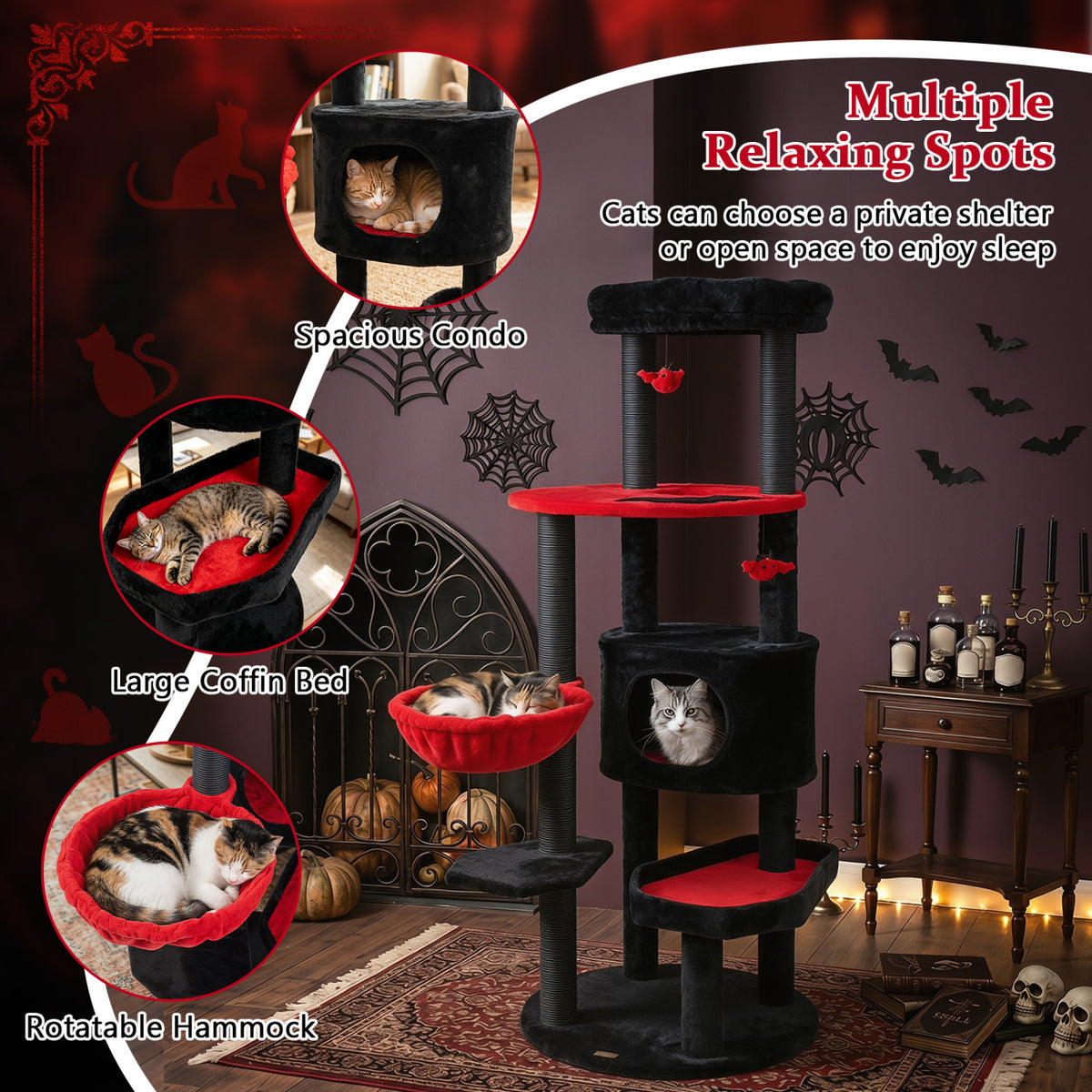60" Gothic Cat Tower with Plush Perch and Spider Hanging Toys for Black Halloween-Red