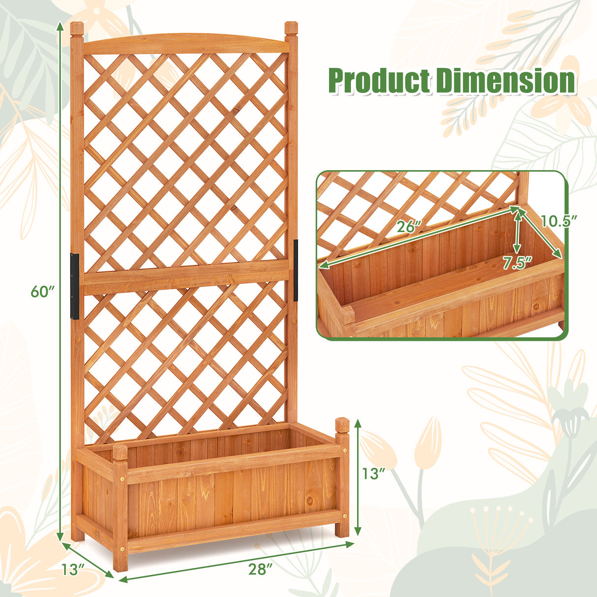 60 Inch Tall Raised Garden Bed with Diamond Lattice Trellis and Drainage Holes-Orange