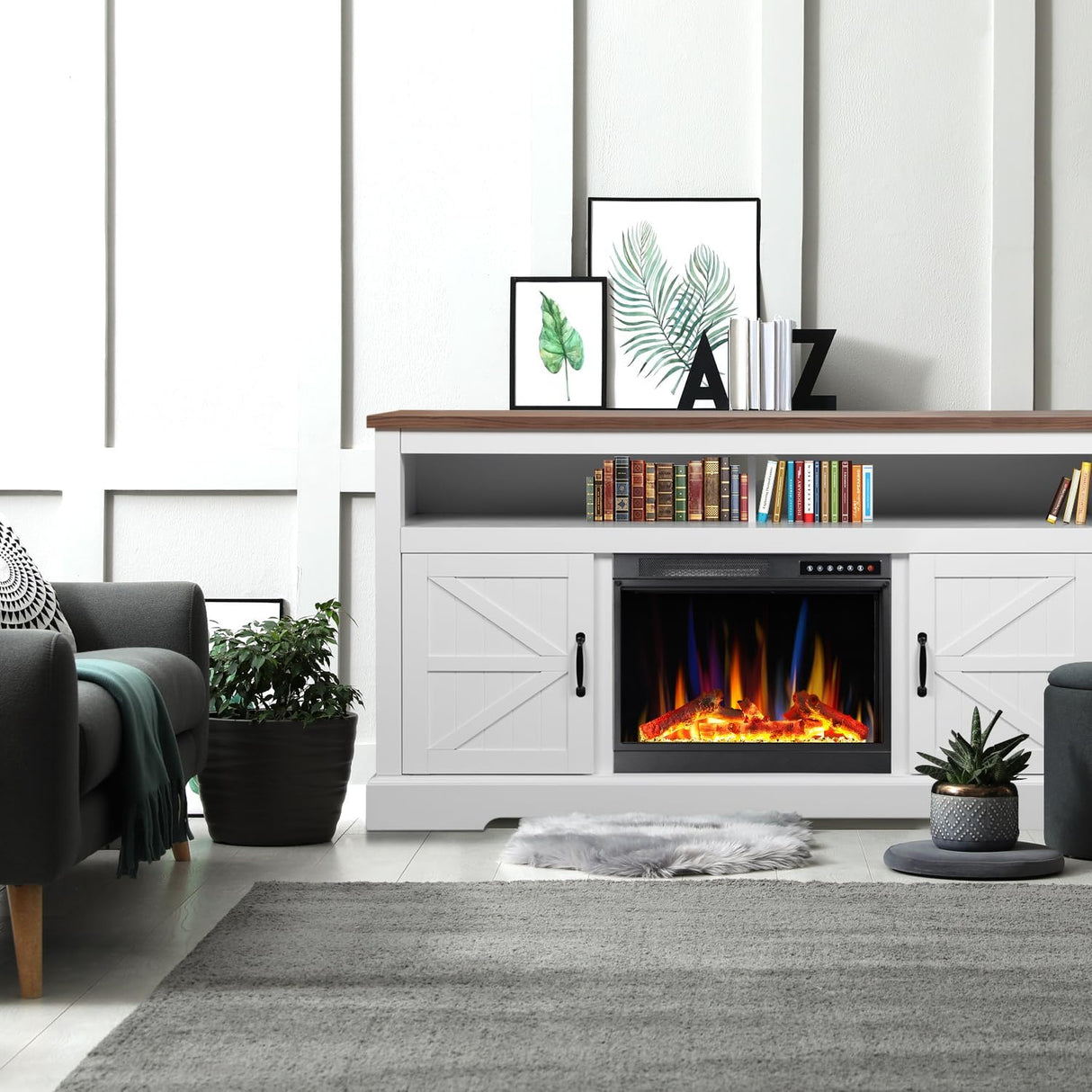 60''Fireplace TV Stand with Freestanding Electric Fireplace&Wooden Storage Cabinet M2301