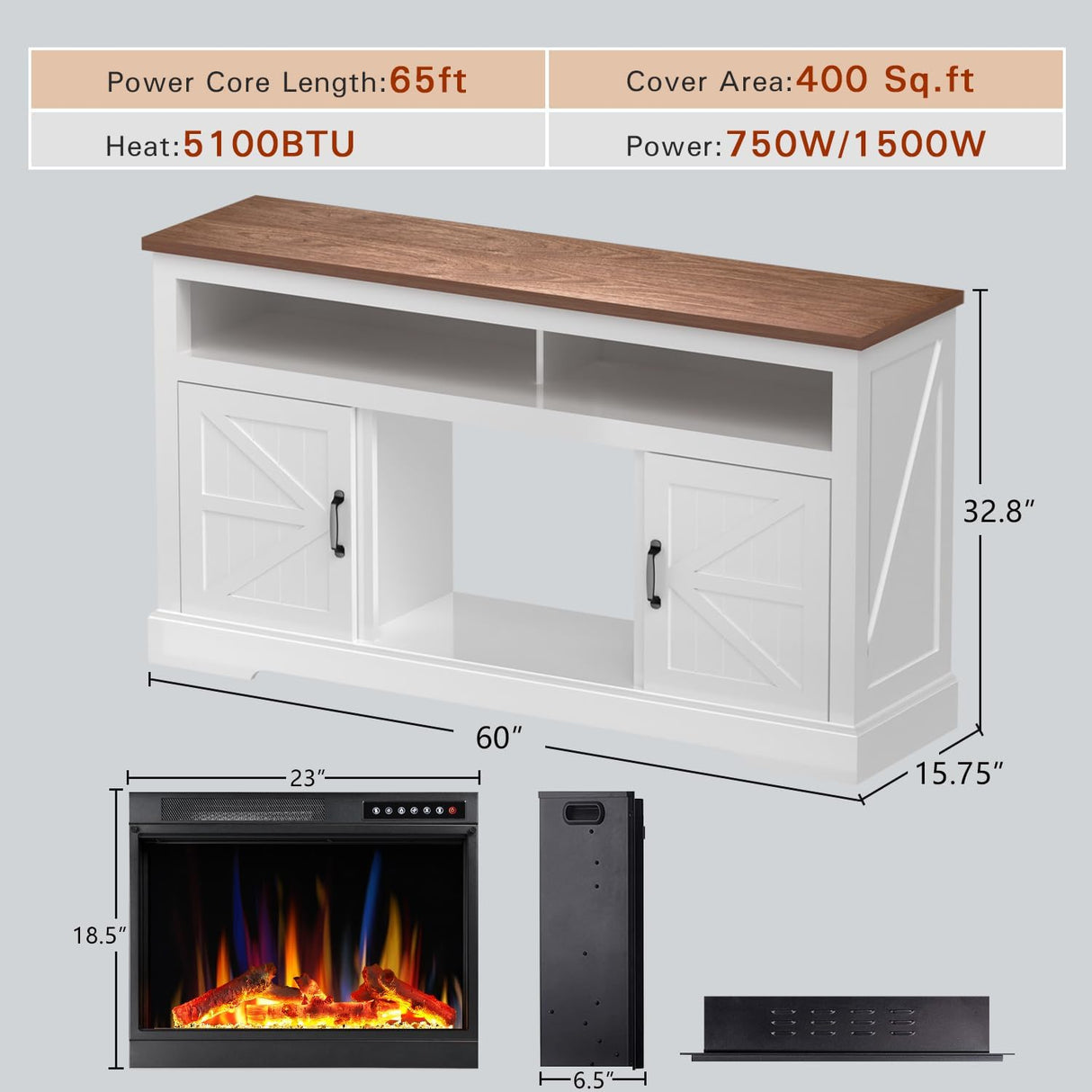 60''Fireplace TV Stand with Freestanding Electric Fireplace&Wooden Storage Cabinet M2301
