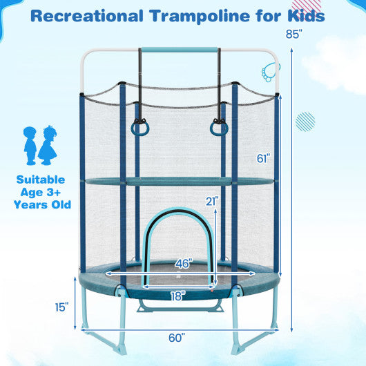 60" Trampoline with Gymnastic Bar and Rings for Kids-Blue