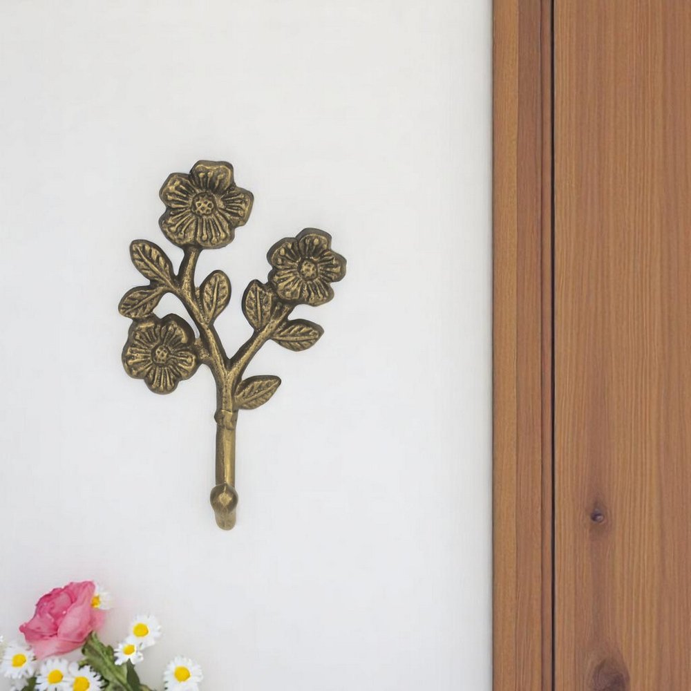 4" Antiqued Gold Cast Iron Flower Wall Hook