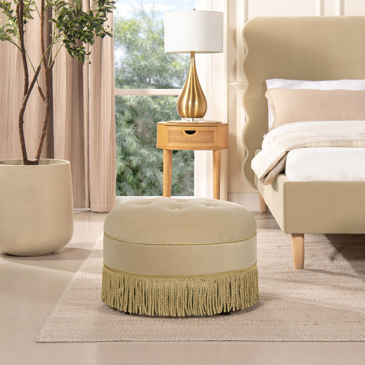 Yolanda 24" Round Upholstered Accent Ottoman in Fawn Brown Velvet