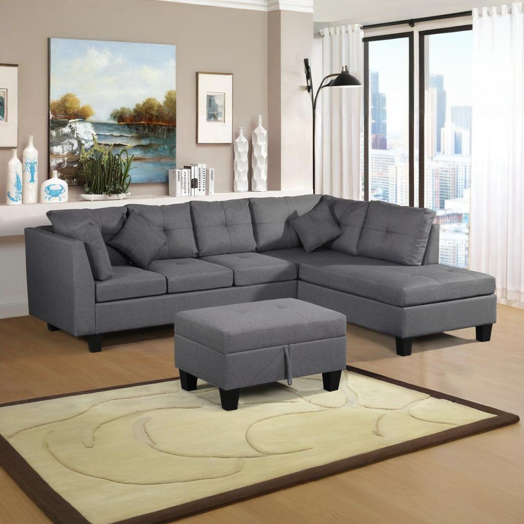 Sectional Sofa Set For Living Room With Right Hand Chaise Lounge And Storage Ottoman - Gray by Couch.com