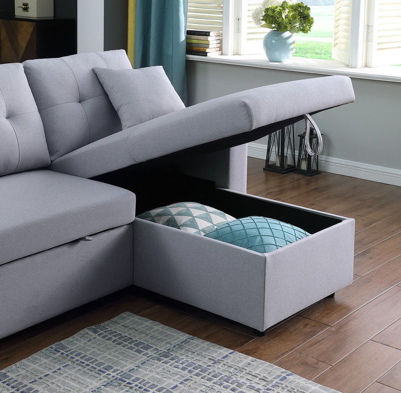 Dennis - Linen Fabric Reversible Sleeper Sectional With Storage Chaise And 2 Stools by Couch.com
