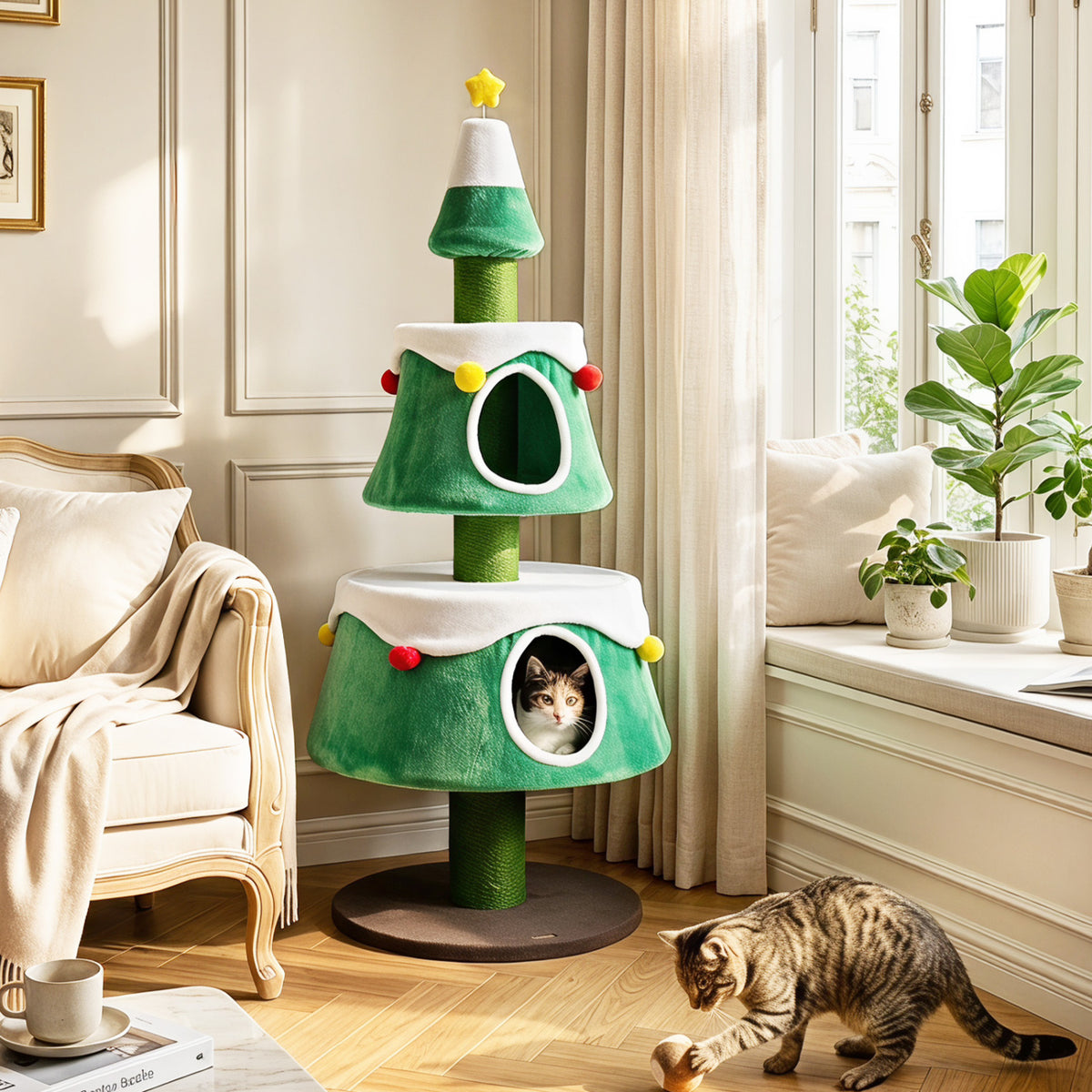 61.5" Cat Christmas Tree for Indoor Kittens with 2 Large Condos Star Spring Toy and Decorative Balls-Green