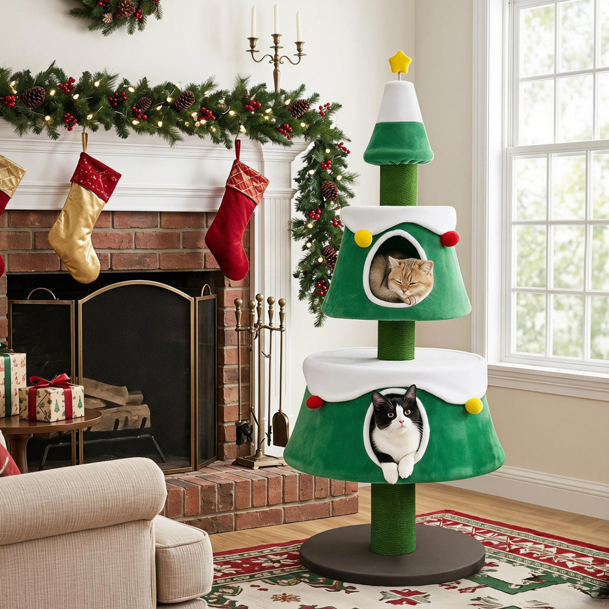 61.5" Cat Christmas Tree for Indoor Kittens with 2 Large Condos Star Spring Toy and Decorative Balls-Green