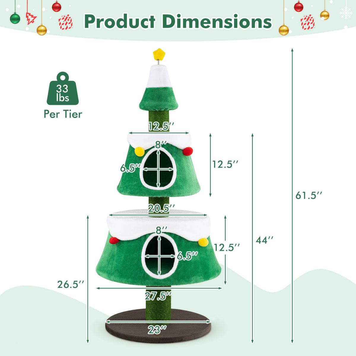 61.5" Cat Christmas Tree for Indoor Kittens with 2 Large Condos Star Spring Toy and Decorative Balls-Green