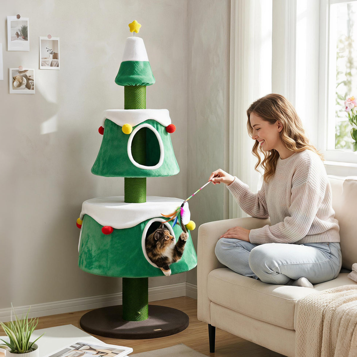 61.5" Cat Christmas Tree for Indoor Kittens with 2 Large Condos Star Spring Toy and Decorative Balls-Green