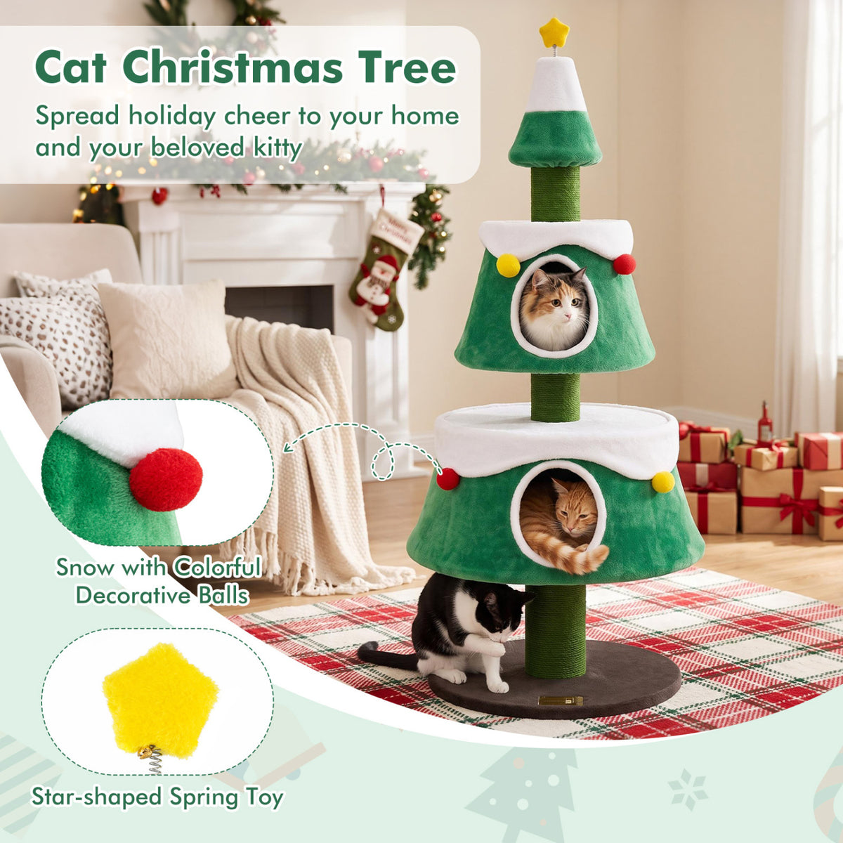 61.5" Cat Christmas Tree for Indoor Kittens with 2 Large Condos Star Spring Toy and Decorative Balls-Green