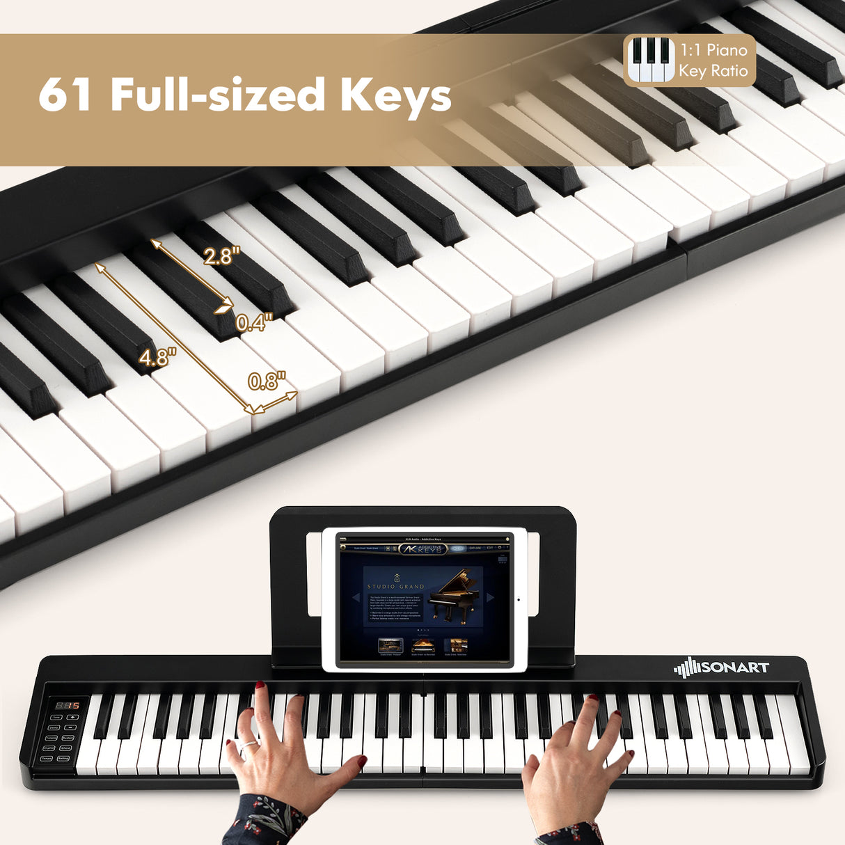 61-Key Folding Piano Keyboard with Full Size Keys and Music Stand-Black