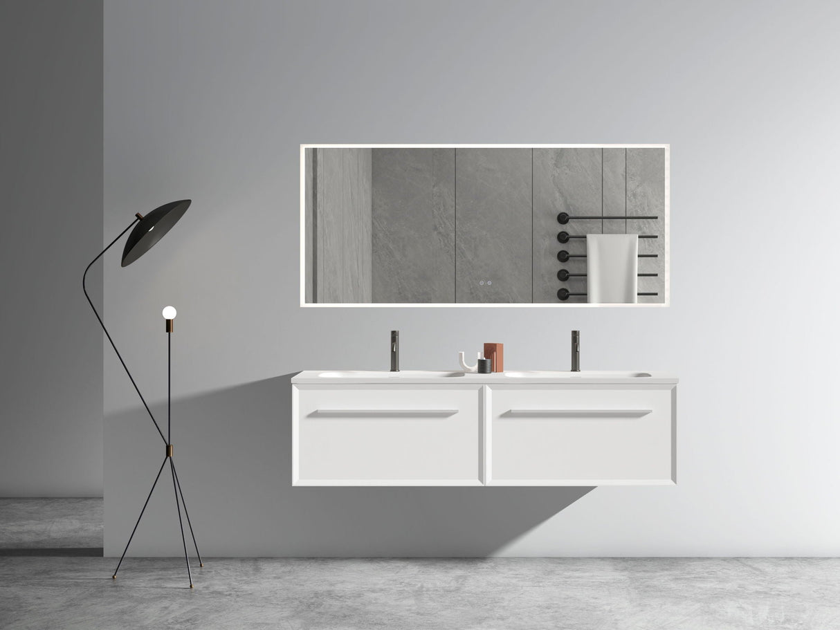 U052-Nevia60W-206 Nevia Bathroom Vanity With Automatic LED Drawer Light, Wall Mounted Bathroom Vanity With Integrated Solid Surface Sink, Without Drain - Snow White by Couch.com