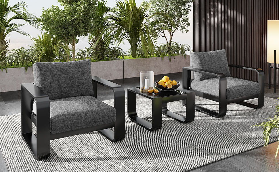 3 Piece Aluminum Frame Patio Furniture With 6.7" Thick Cushion And Coffee Table, All Weather Use Olefin Fabric Outdoor Chair - Gray / Black by Couch.com