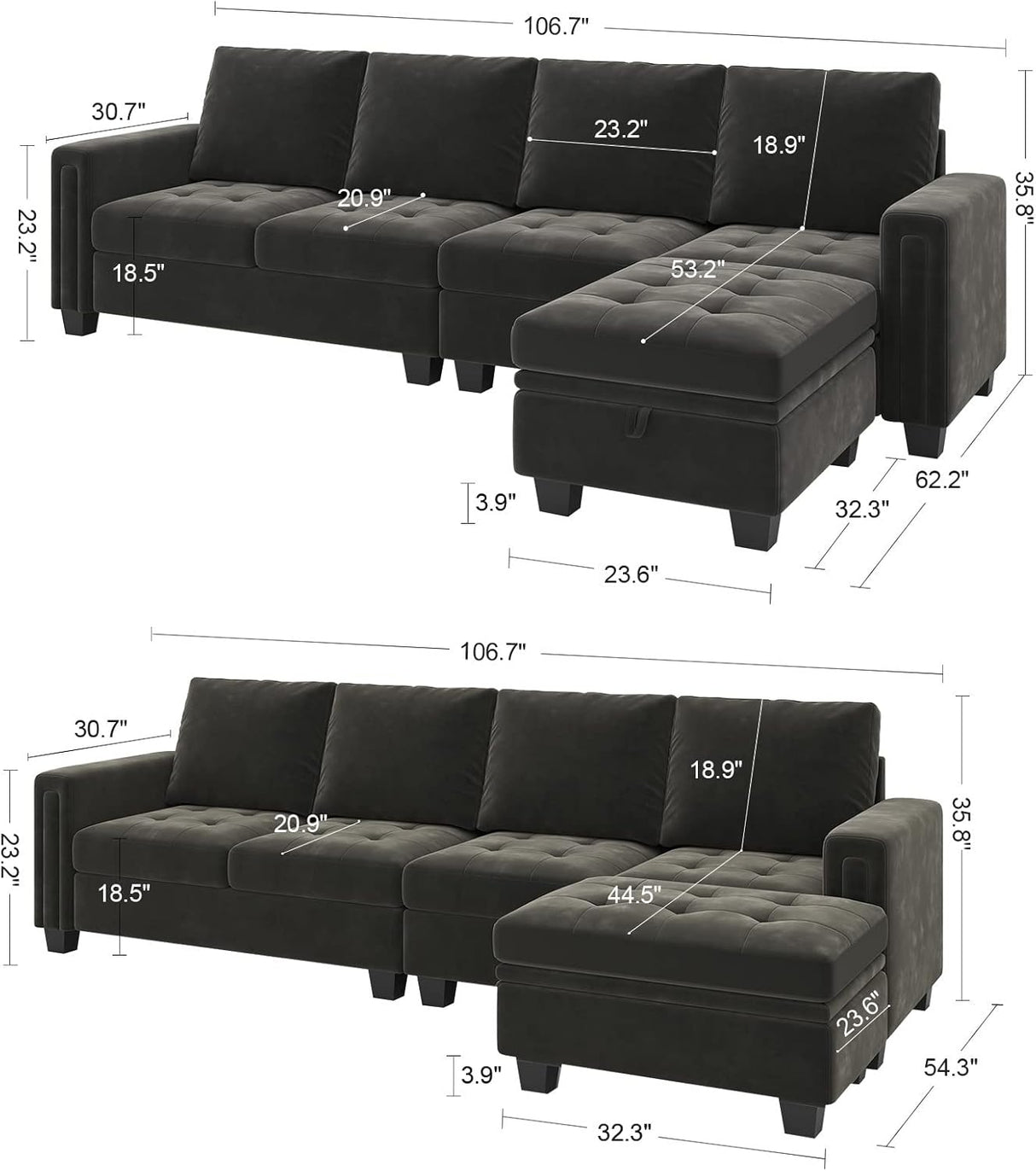 The Belffin Reversible Sectional Convertible Storage offers two configurations in a dark green finish, including a chaise and ottoman. It comes with detailed dimensions for seating and chaise depth, cushion height, and overall length. The sofa showcases a tufted design and includes a storage ottoman.