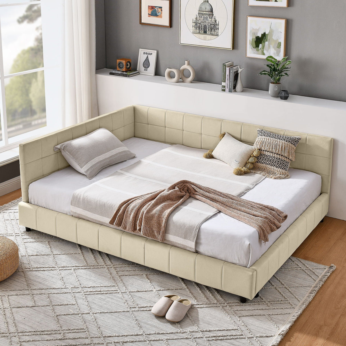 Mid-Century Storage Upholstered Tufted Bed Frame with Backrest and Armrests