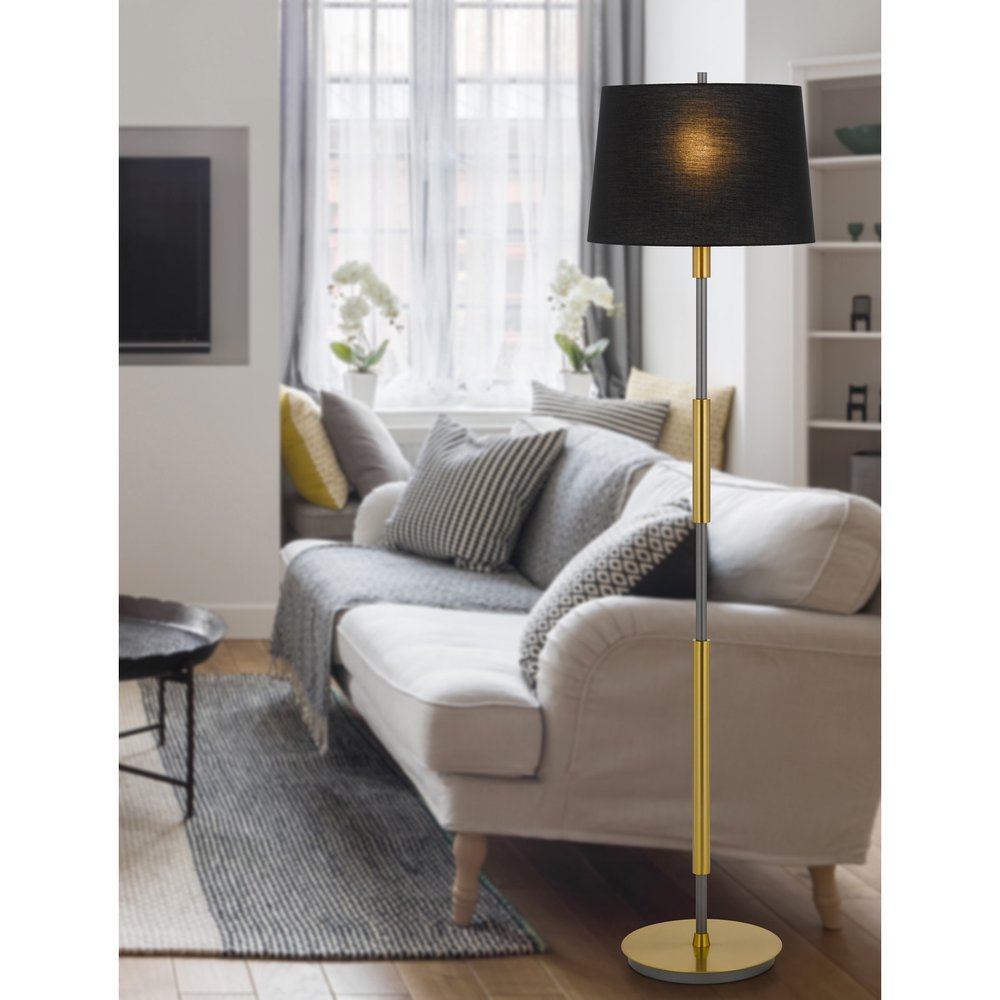 60" Antiqued Brass Metal Floor Lamp With Black Fabric Drum Shade