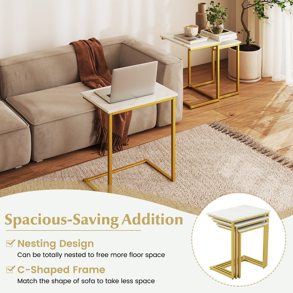 3 Pieces Multifunctional Coffee End Table Set-White