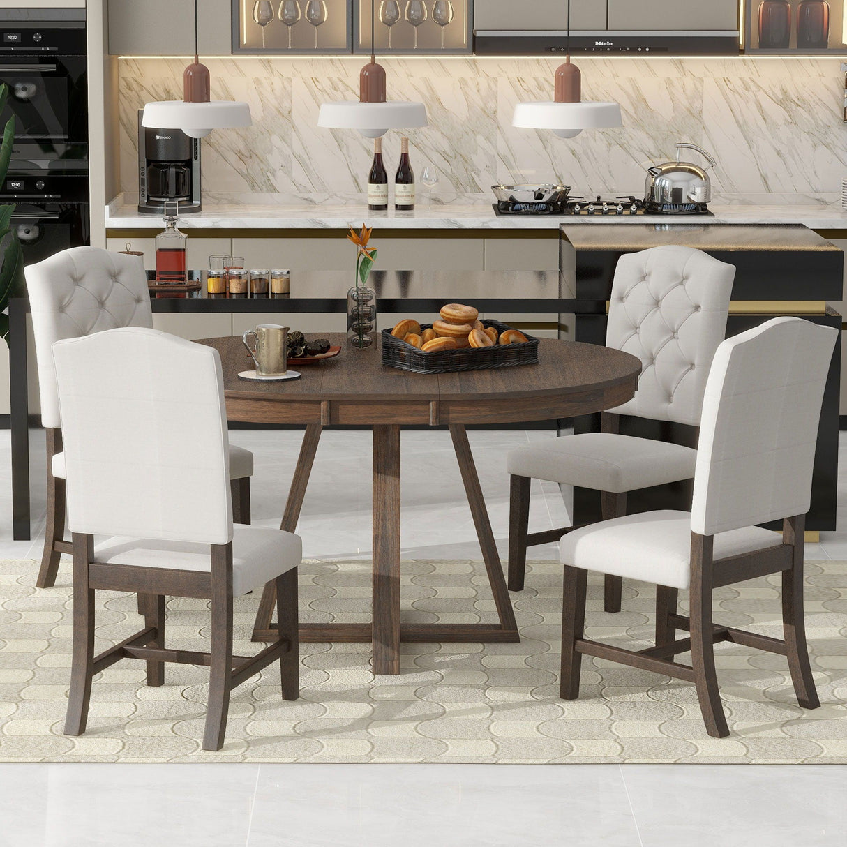 Retro Functional Dining Set, Round Table With Leaf And Upholstered Chairs For Dining Room And Living Room by Couch.com