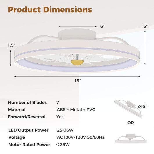 19 Inch Ceiling Fan Low Profile Flush Mount Fan with 3000-6500K Dimmable LED-White