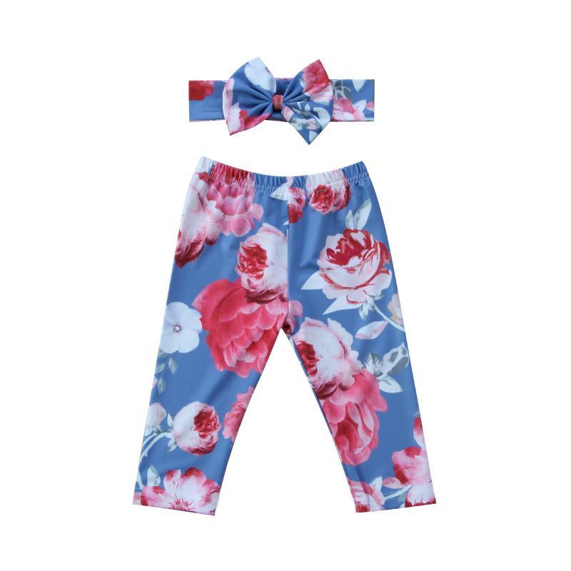Luxury Modern Girls Summer Floral Baby Girls Pant with Headband Newborn Kid Girls Floral Bottoms Long Pants Trousers In Flower Design For Girls With Bow
