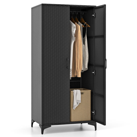 62 Inch Wicker Wardrobe with 2 Doors PE Rattan Closet with Hanging Rod-Black