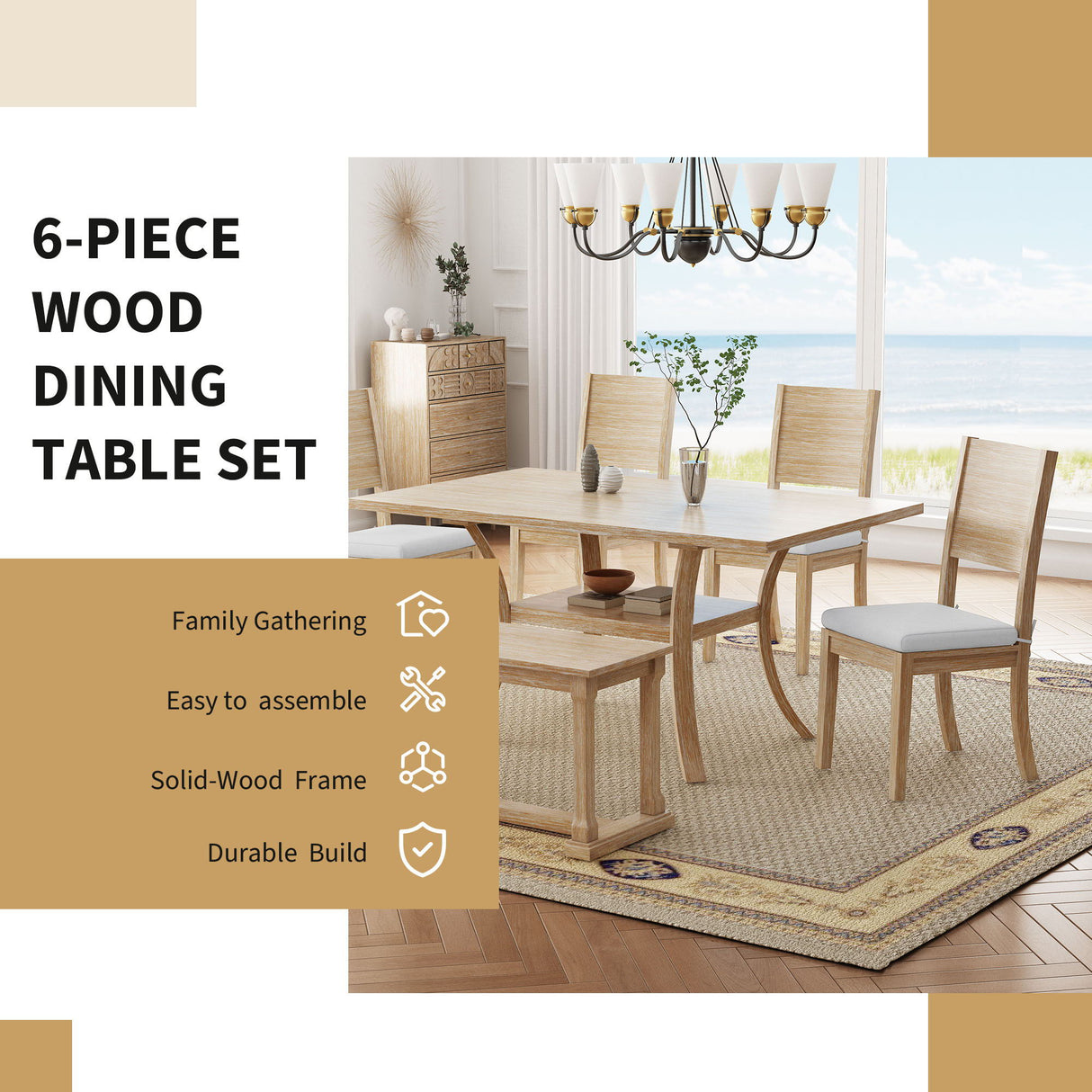 The Topmax dining set, with storage shelf and curved legs, includes a table, bench, and four cushioned chairs situated in a bright room by large windows. It's suitable for family gatherings, easy to assemble, boasts a solid-wood frame, durable build, all under a chandelier with a beach view backdrop.