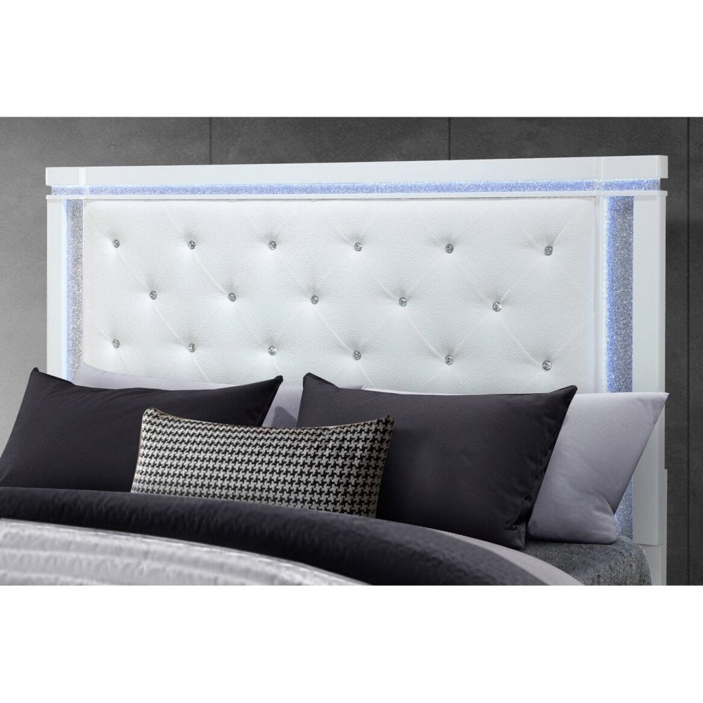 White Faux Crystal Bling Wood And Tufted Cotton Lighted Queen Bed Frame