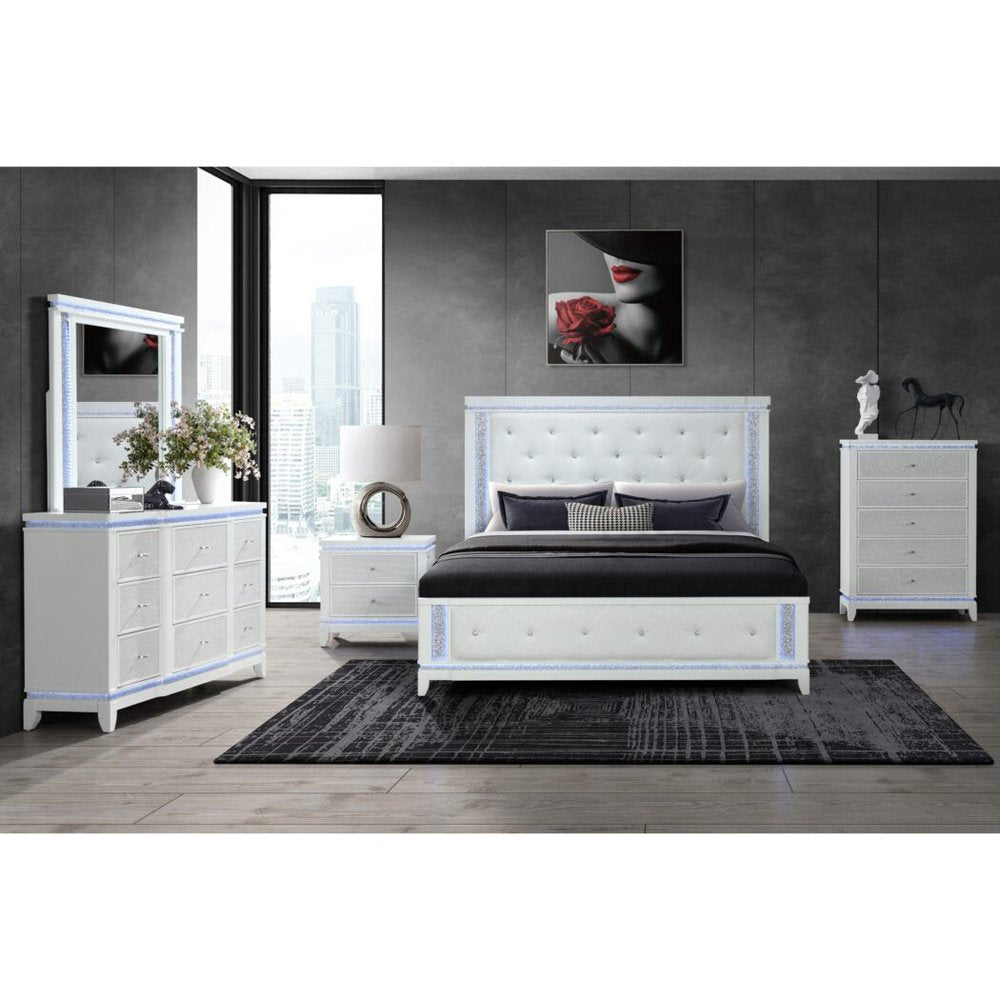 White Faux Crystal Bling Wood And Tufted Cotton Lighted Queen Bed Frame