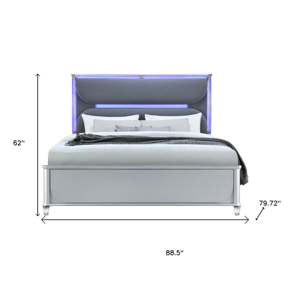 Silver and Gray Wood And Upholstery Lighted King Bed Frame