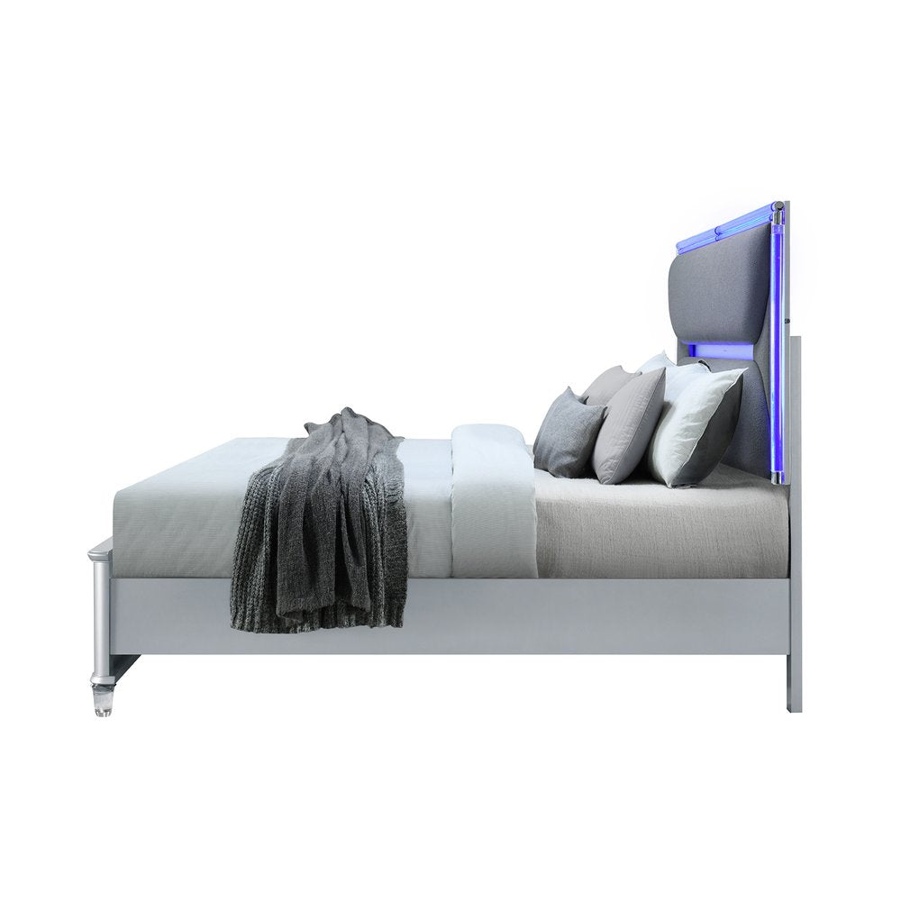 Silver and Gray Wood And Upholstery Lighted King Bed Frame
