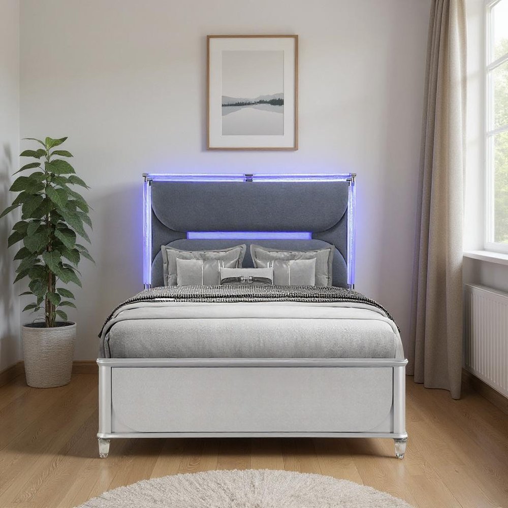 Silver and Gray Wood And Upholstery Lighted Queen Bed Frame