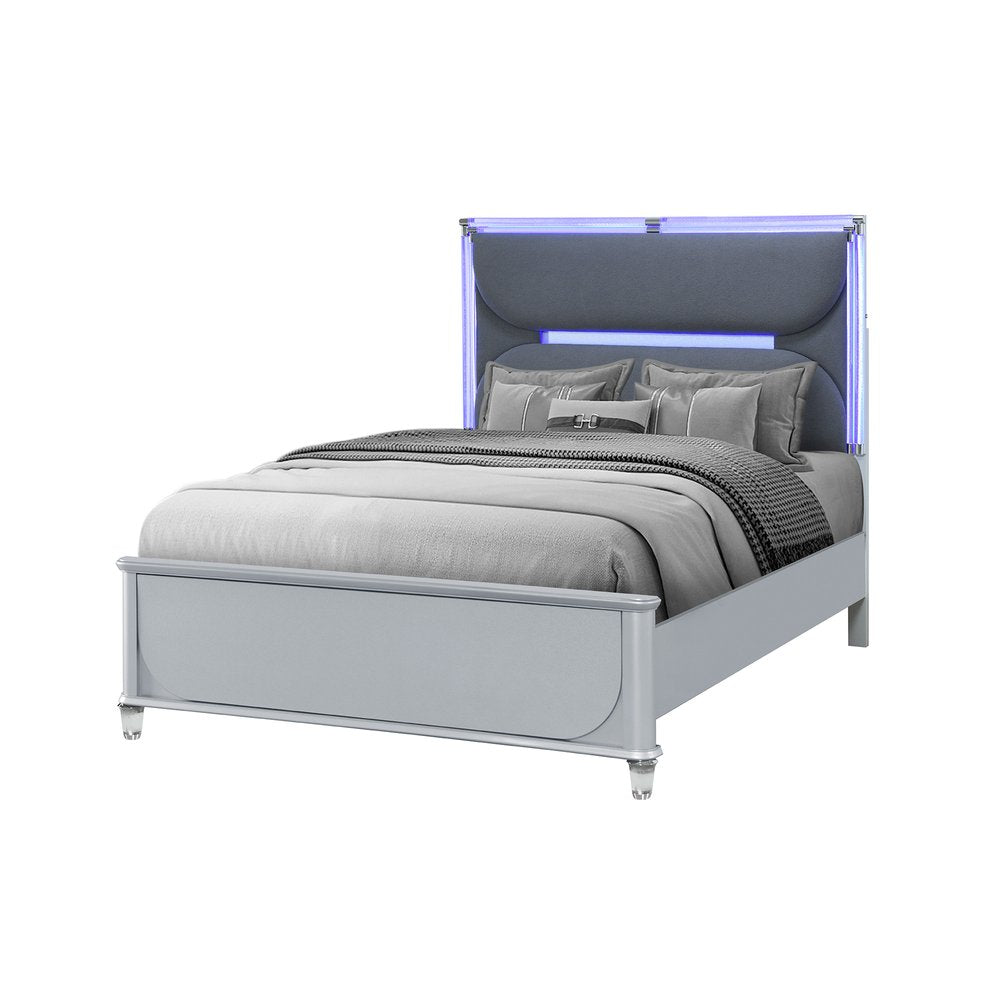 Silver and Gray Wood And Upholstery Lighted Queen Bed Frame