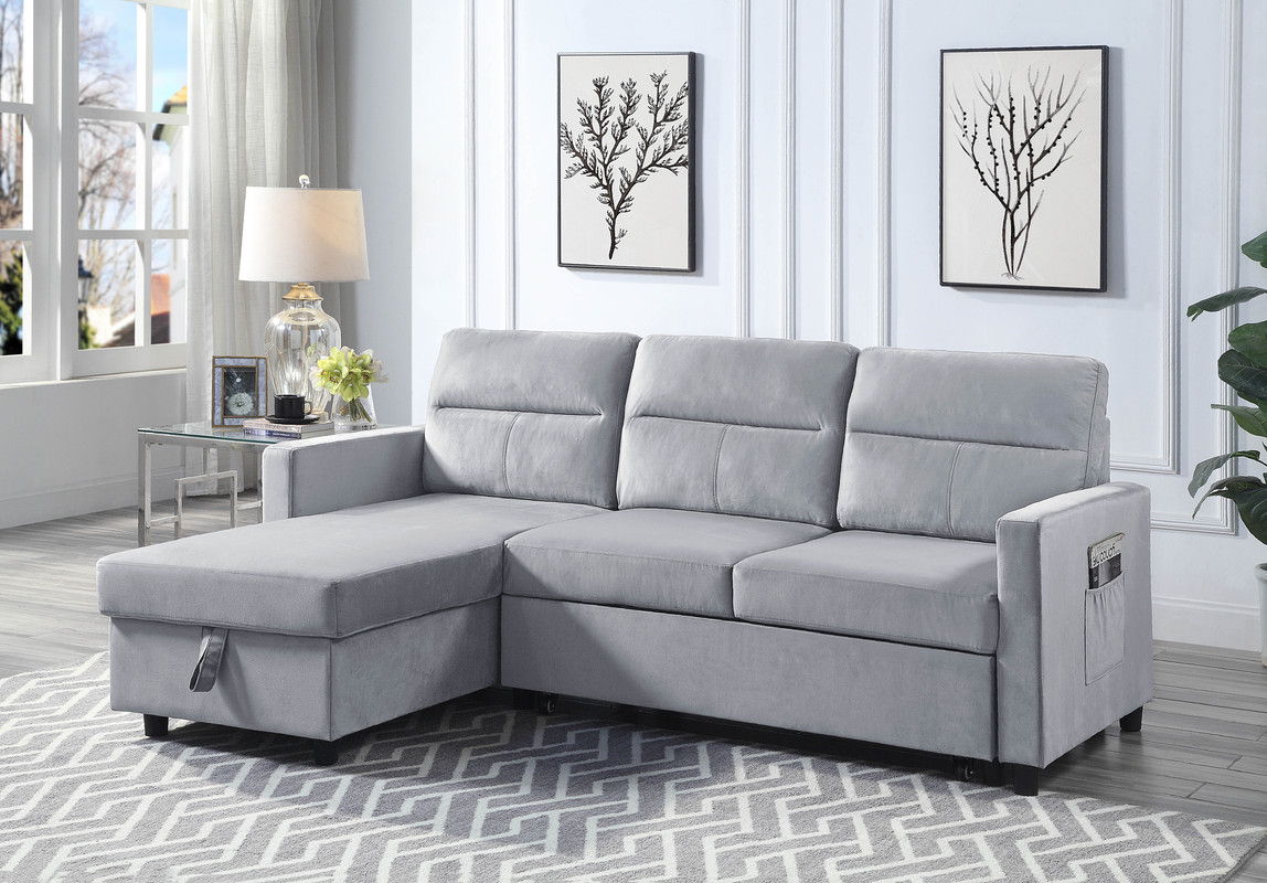 Ruby - Velvet Reversible Sleeper Sectional Sofa With Storage Chaise And Side Pocket - Light Gray by Couch.com