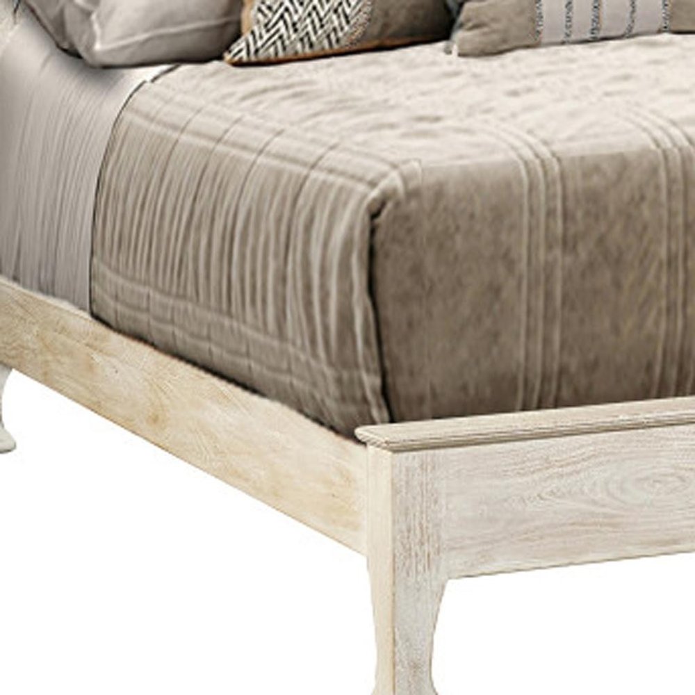 White Carved Floral Distressed Solid Wood Queen Bed Frame