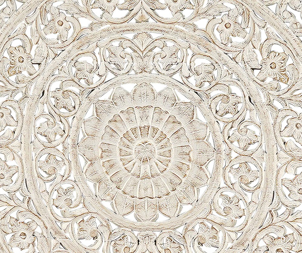 White Carved Floral Distressed Solid Wood Queen Bed Frame